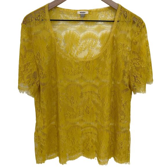 Fossil Yellow Lace Sheer Blouse Short Sleeve Top Size Small - Picture 1 of 7